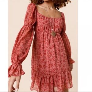 Altar'd State Red Floral Babydoll Mini Dress Square Neck Ruffle Hem Size Small